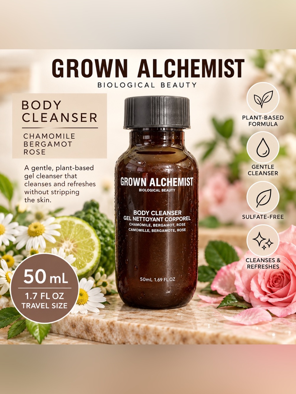Grown Alchemist Energize Body Cleanser: Chamomile, Bergamot, Rose Energize 50 mL
